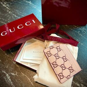 New Gucci Pink Rossi Ancora GG Pattern Card Holder Box Ribbon Bag Included